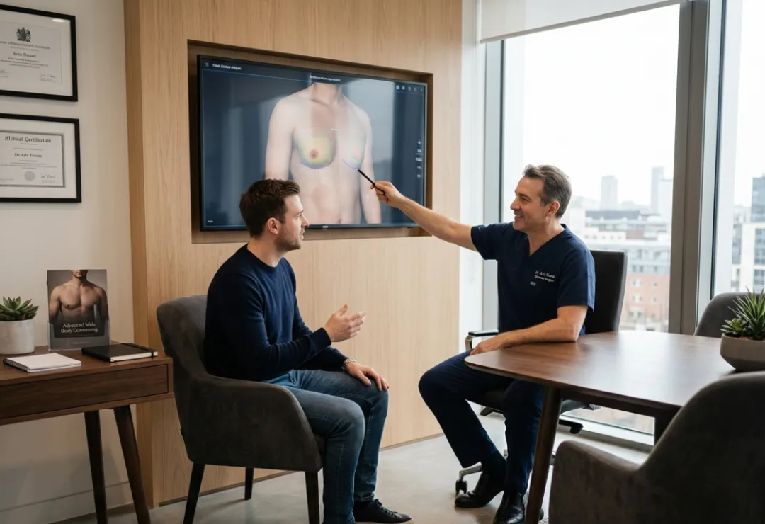Patient consulting with a surgeon about gynaecomastia surgery in a luxury aesthetic clinic