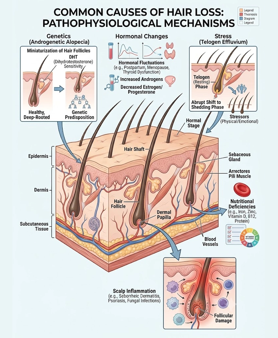 Common causes of hair loss including genetics, hormones, stress, and scalp health