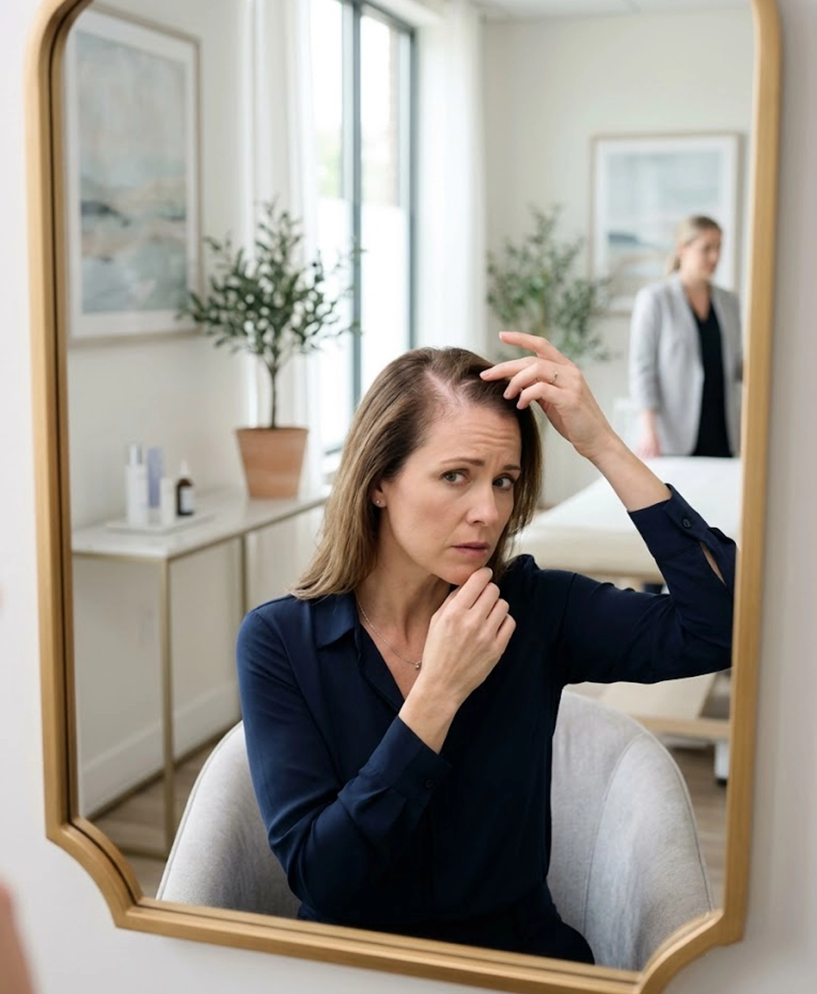 Patient examining thinning hair before non-surgical hair falling treatment