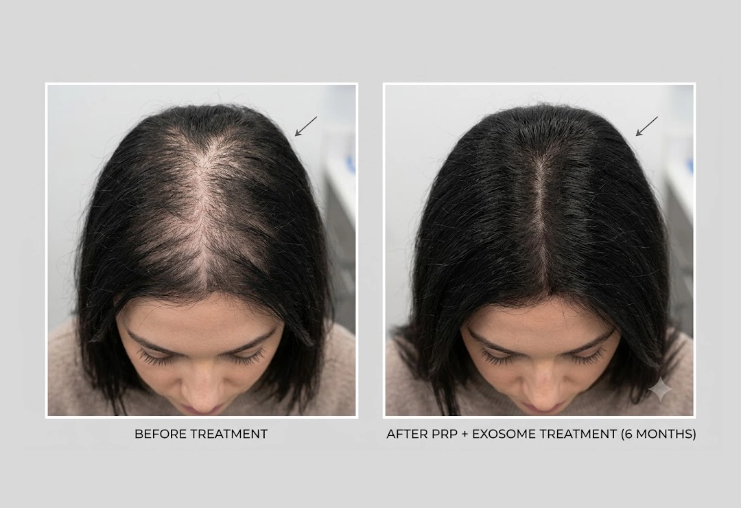 Before and after non-surgical hair falling treatment showing improved hair density and thickness