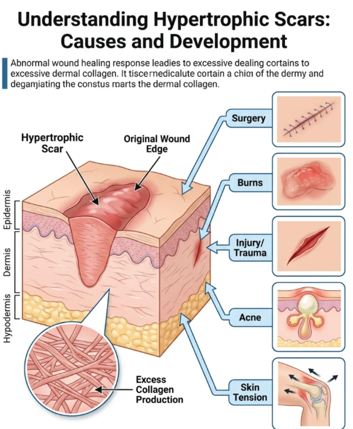 Common causes of hypertrophic scars including excess collagen and wound healing response