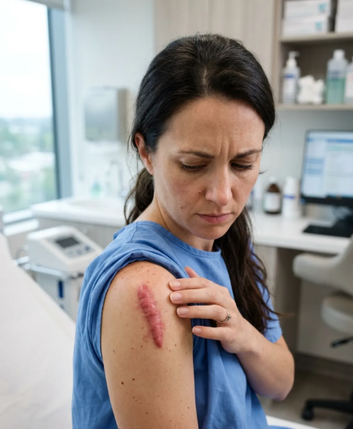 Patient examining hypertrophic scar before scar revision treatment