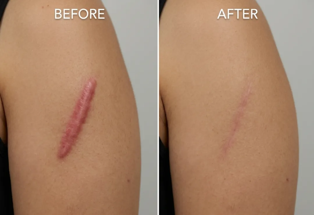 Before and after hypertrophic scar revision showing improved scar appearance and flatter skin