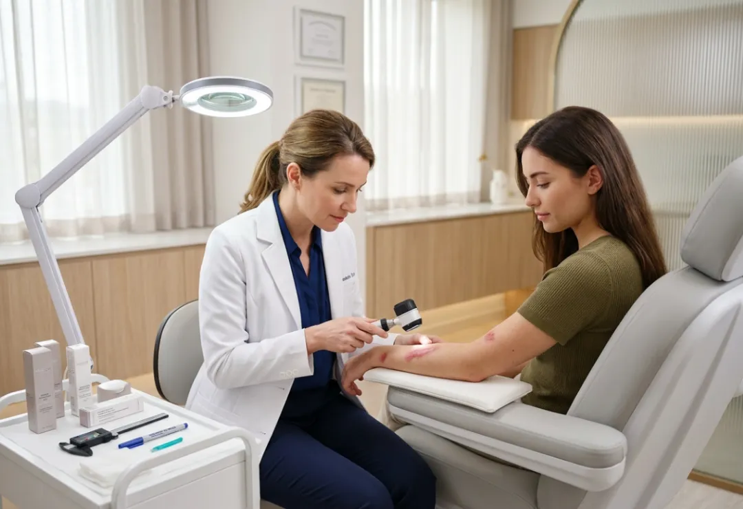 Patient consulting with a specialist about hypertrophic scar revision in a luxury dermatology clinic