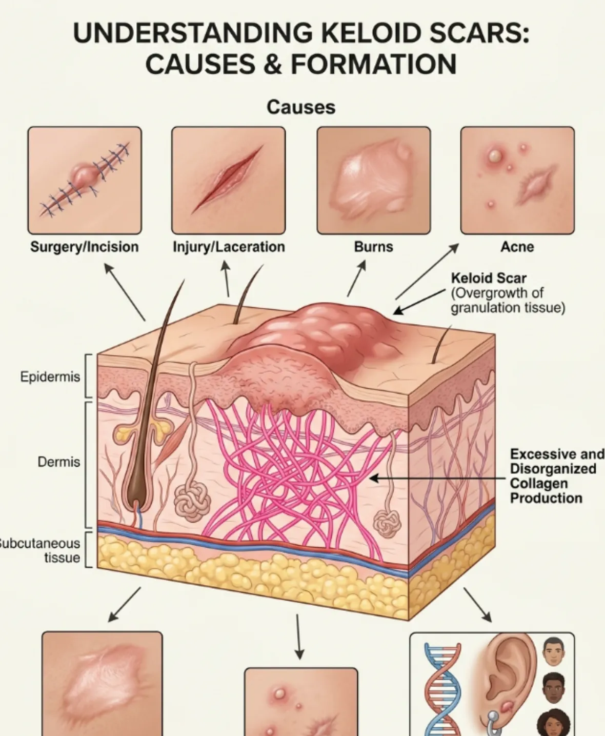 Common causes of keloid scars including excess collagen and skin injury