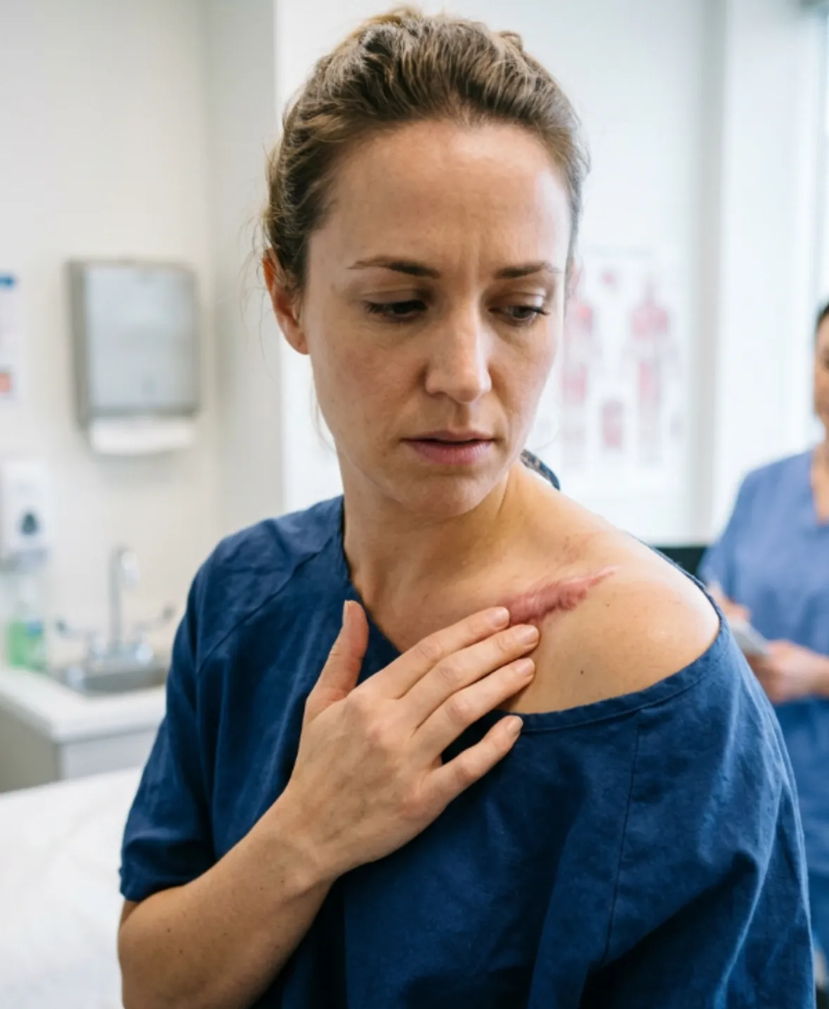 Patient examining keloid scar before scar revision treatment