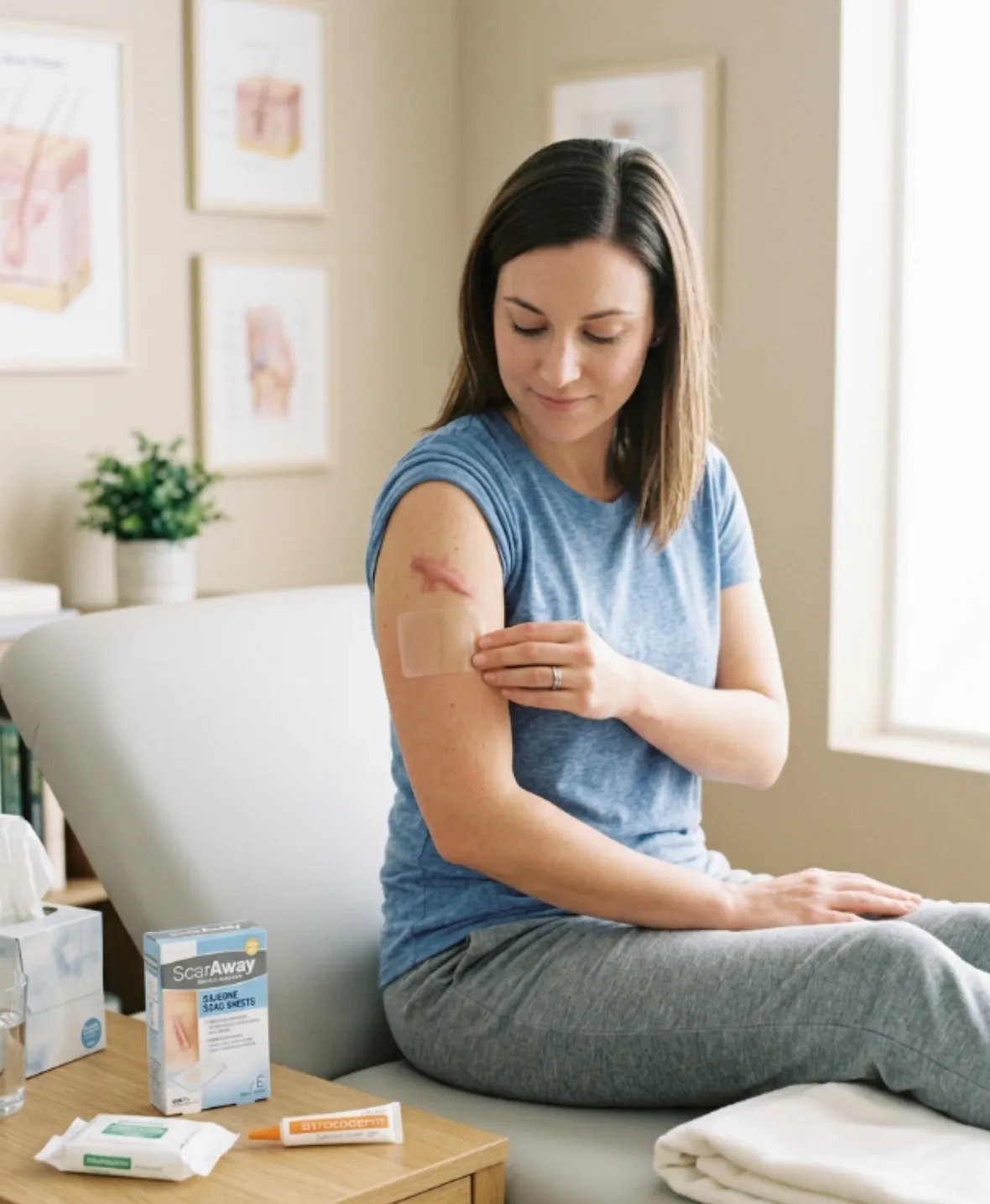 Patient applying aftercare treatment following keloid scar revision