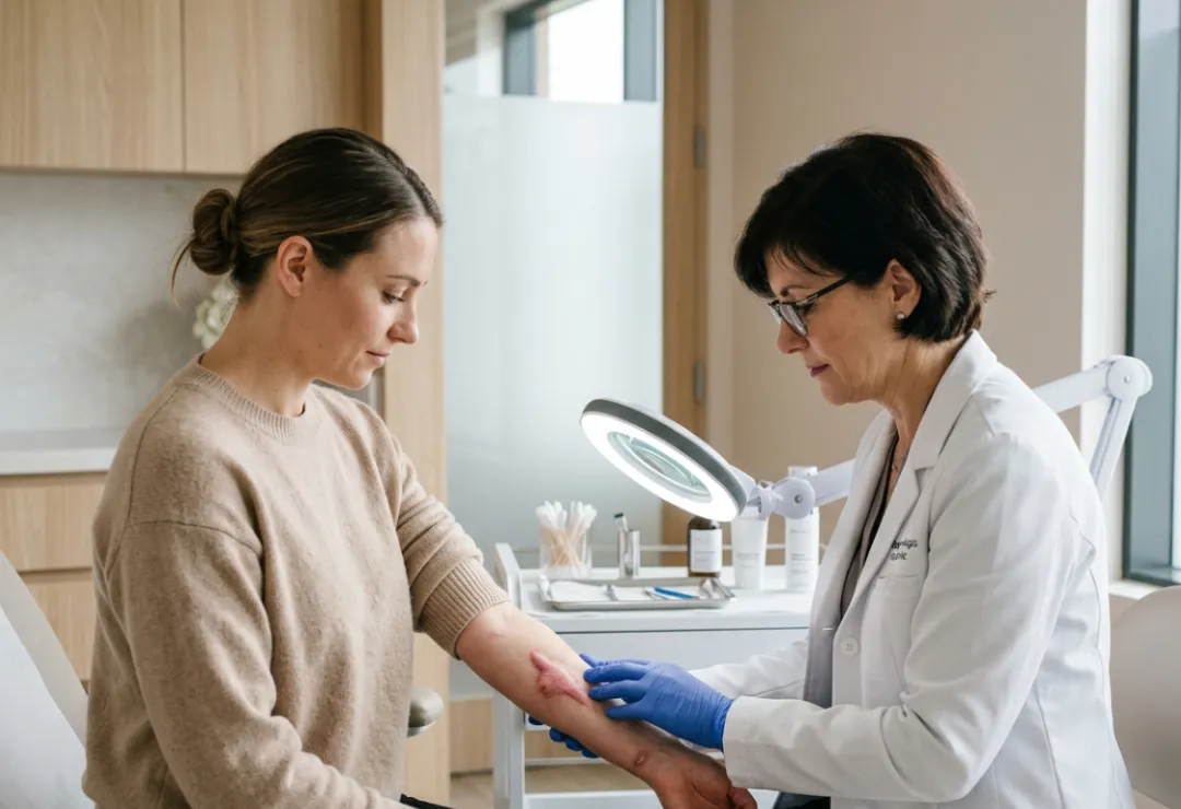 Patient consulting with a specialist about keloid scar revision in a luxury dermatology clinic