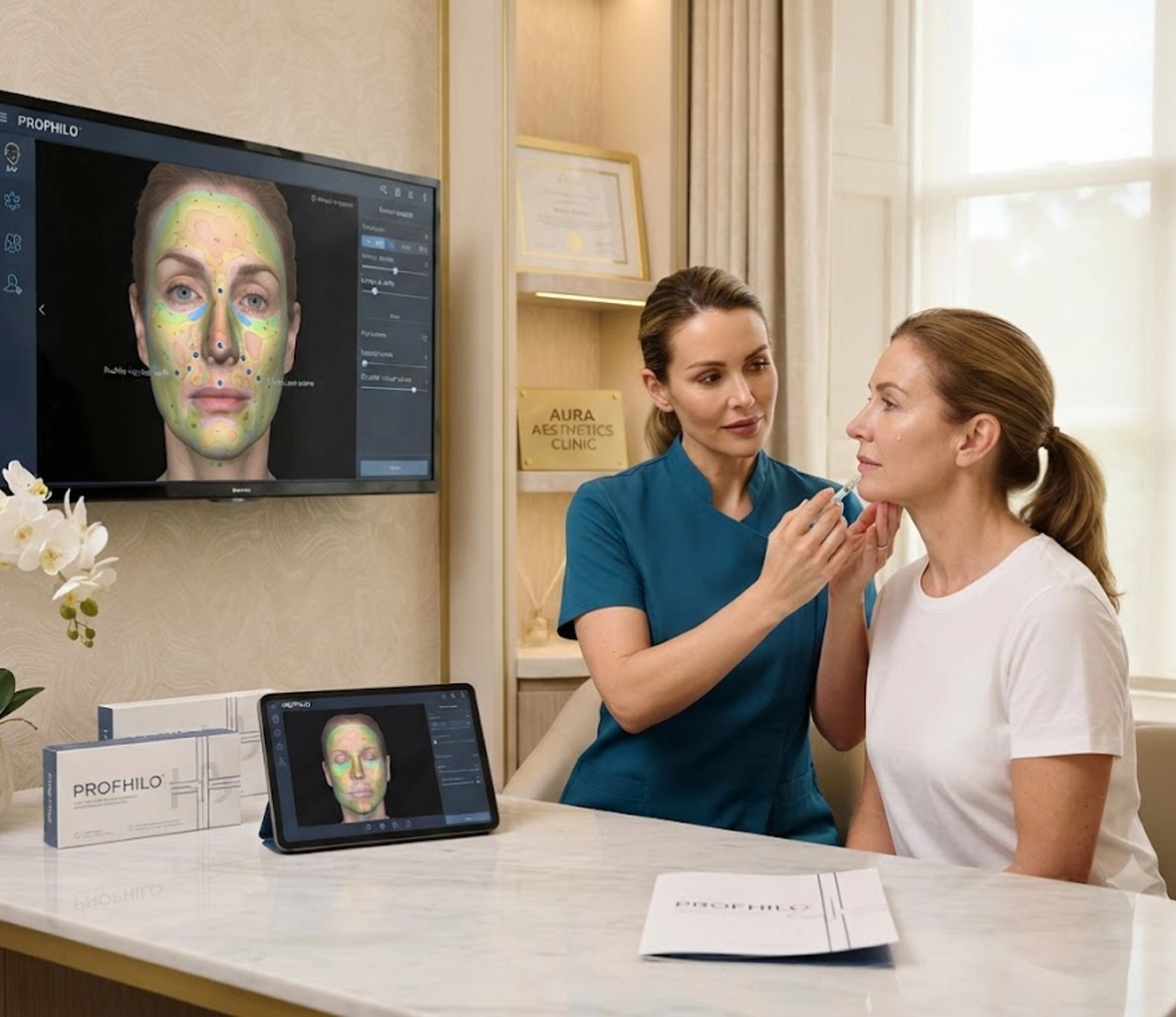 Patient consulting with a specialist about Profhilo face treatment in a luxury aesthetic clinic