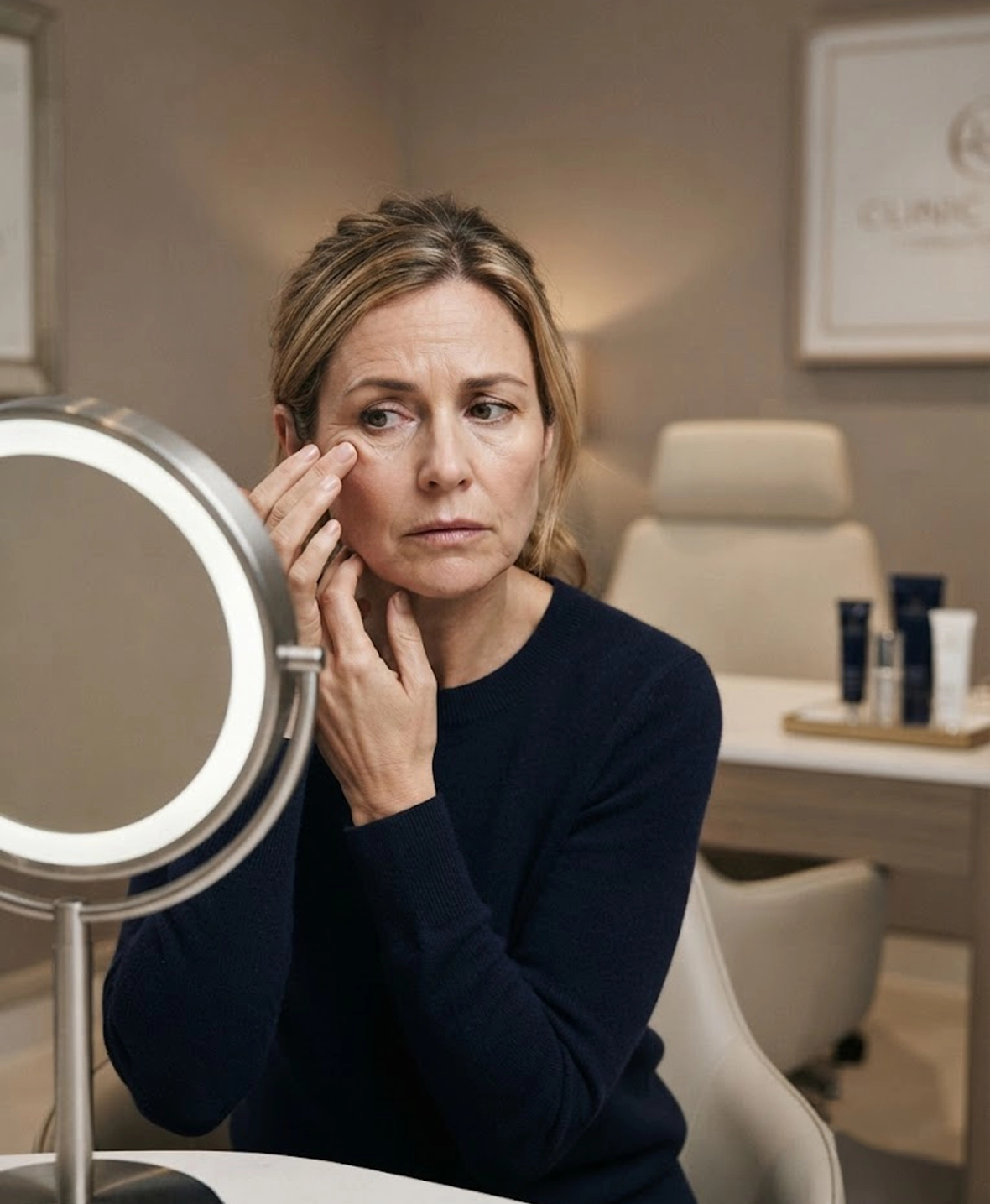 Patient examining early signs of facial ageing before Profhilo treatment