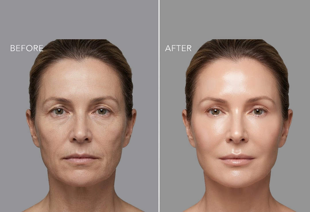 Before and after Profhilo face treatment showing hydrated and radiant skin