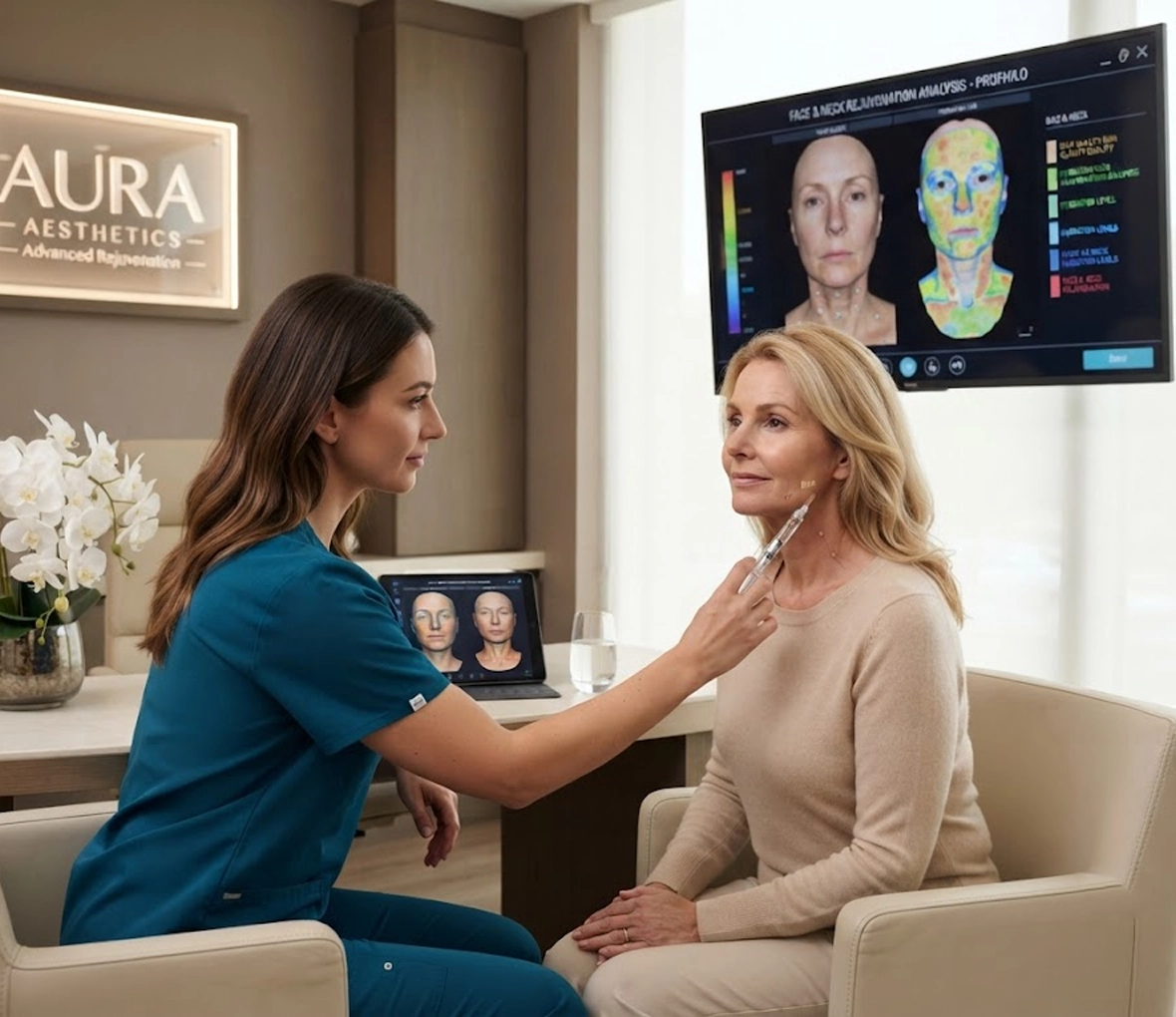 Patient consulting with a specialist about Profhilo face and neck treatment in a luxury aesthetic clinic