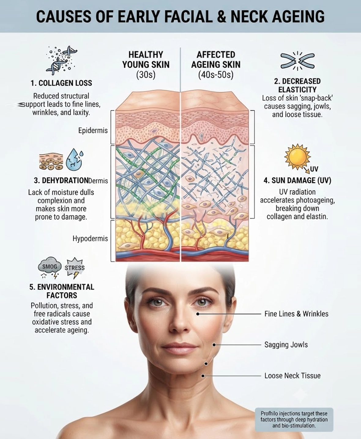 Common causes of early facial and neck ageing treated with Profhilo injections