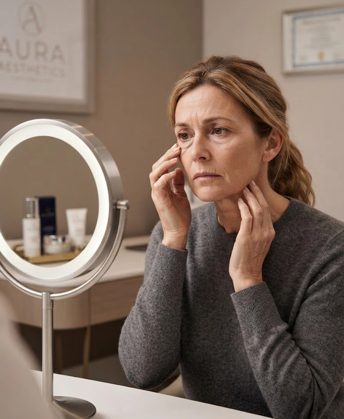 Patient examining early signs of facial and neck ageing before Profhilo treatment