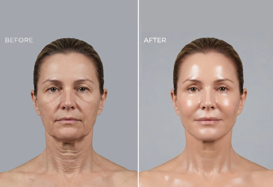 Before and after Profhilo face and neck treatment showing hydrated, firm, and radiant skin