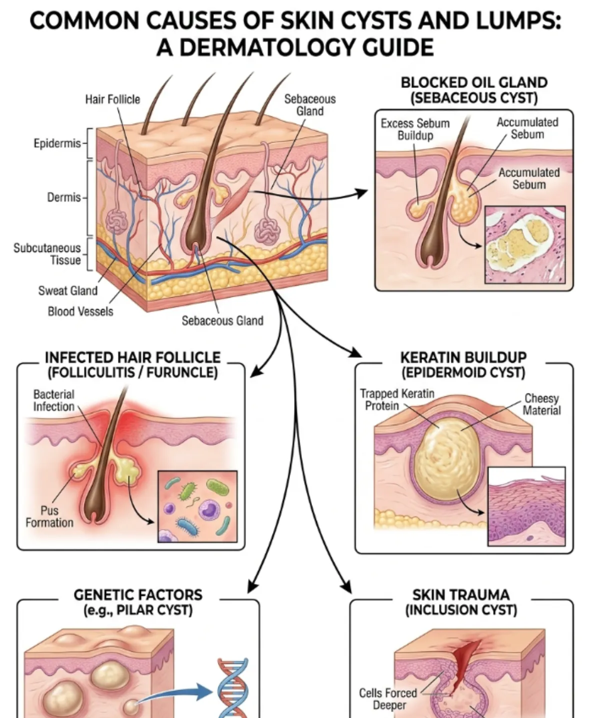 Common causes of skin cysts and lumps including blocked glands and skin infection