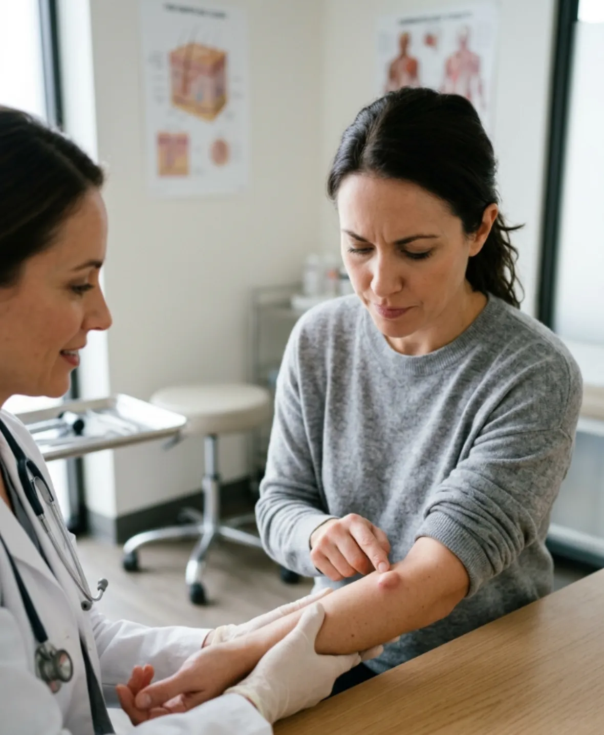 Patient examining skin lump before cyst removal treatment