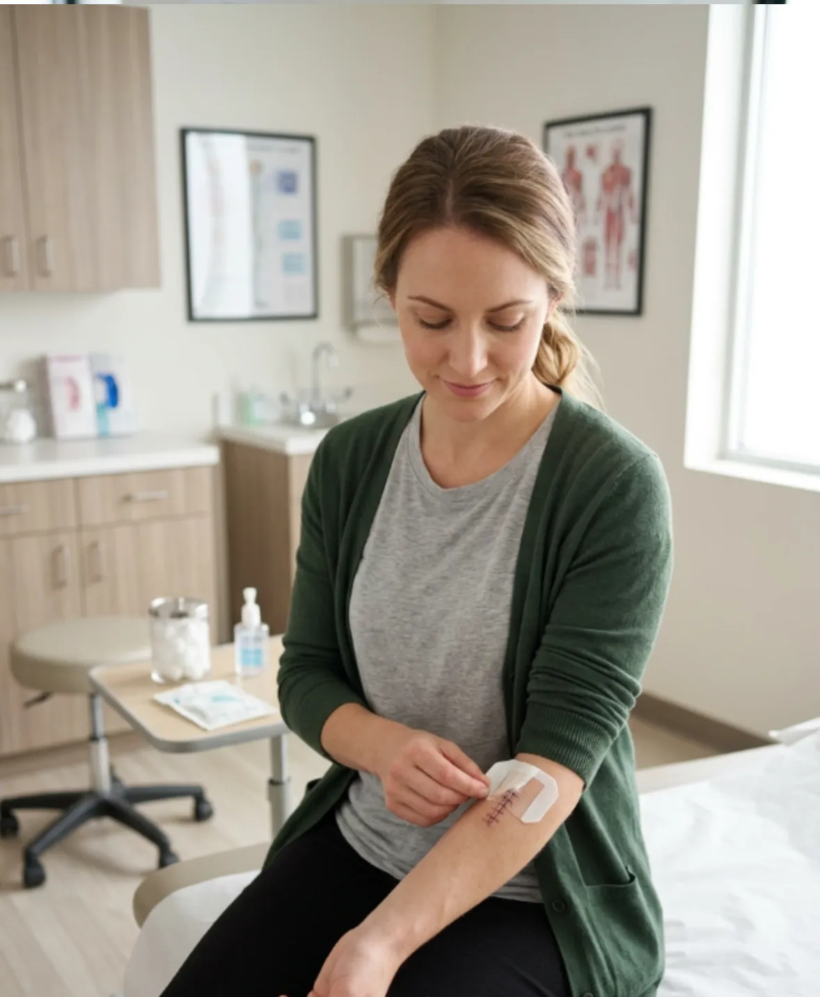 Patient recovering after skin cyst removal with small dressing on treated area