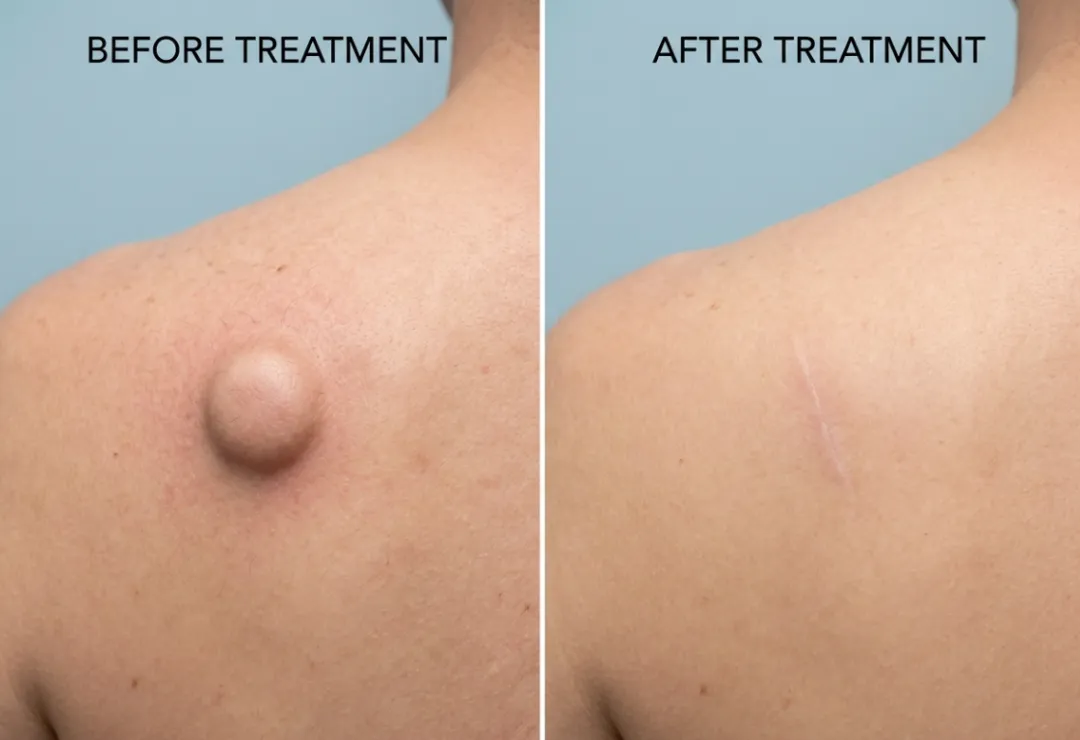 Before and after skin cyst removal showing clear and smooth skin