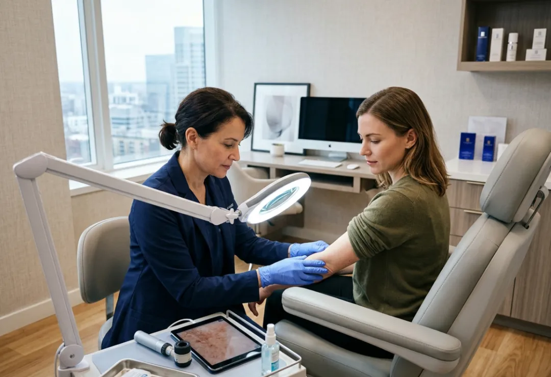 Patient consulting with a specialist about skin cysts and lumps in a luxury dermatology clinic