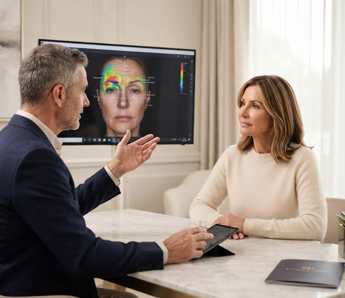 Patient consulting with a surgeon about upper eyebrow lift in a luxury aesthetic clinic