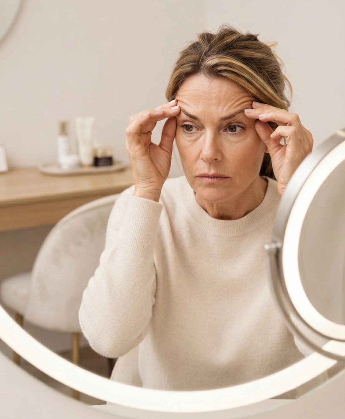 Patient examining drooping eyebrows before upper eyebrow lift surgery