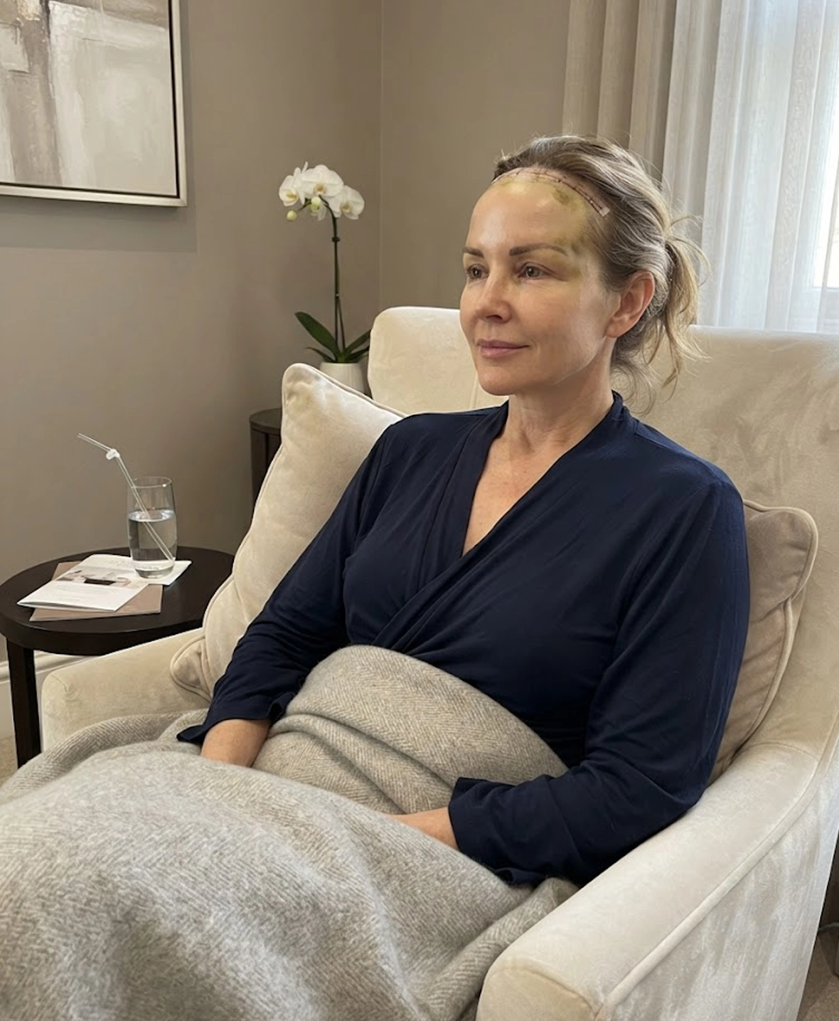 Patient recovering after upper eyebrow lift with mild swelling and bruising