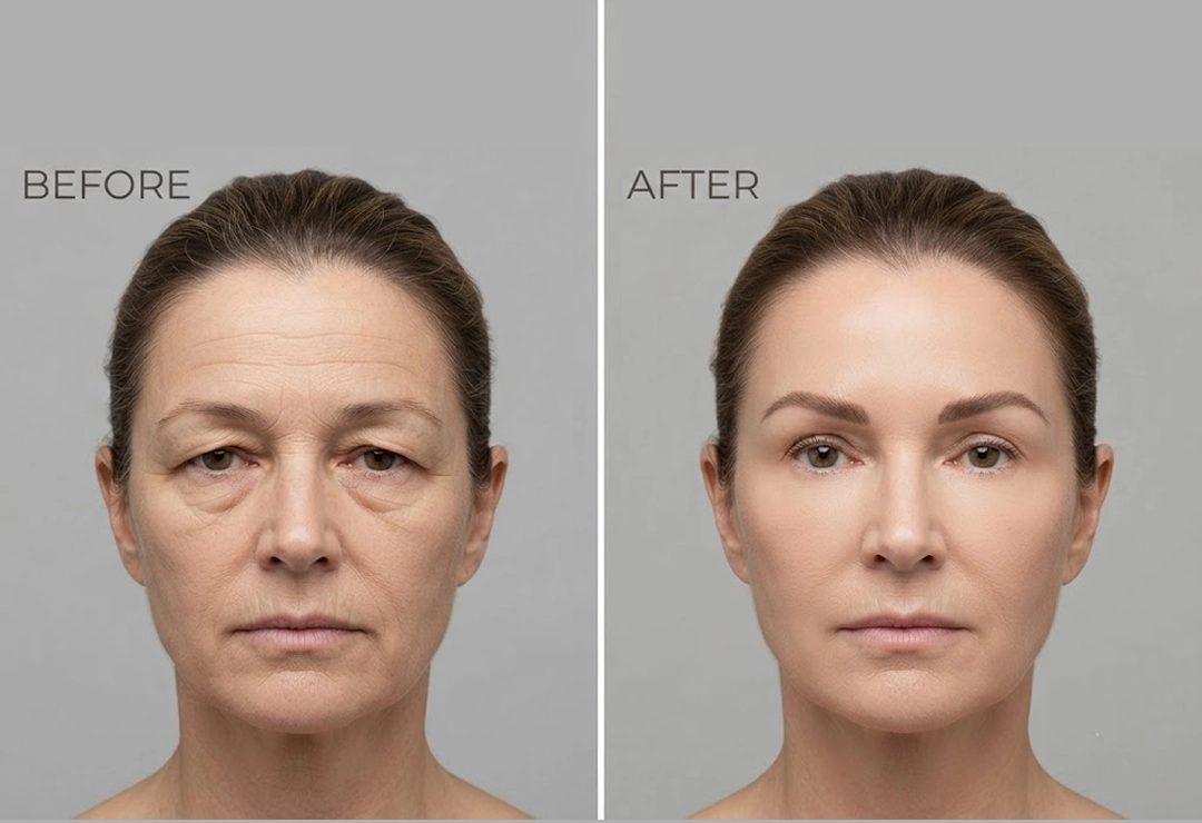 Before and after upper eyebrow lift showing lifted brows and smoothed forehead