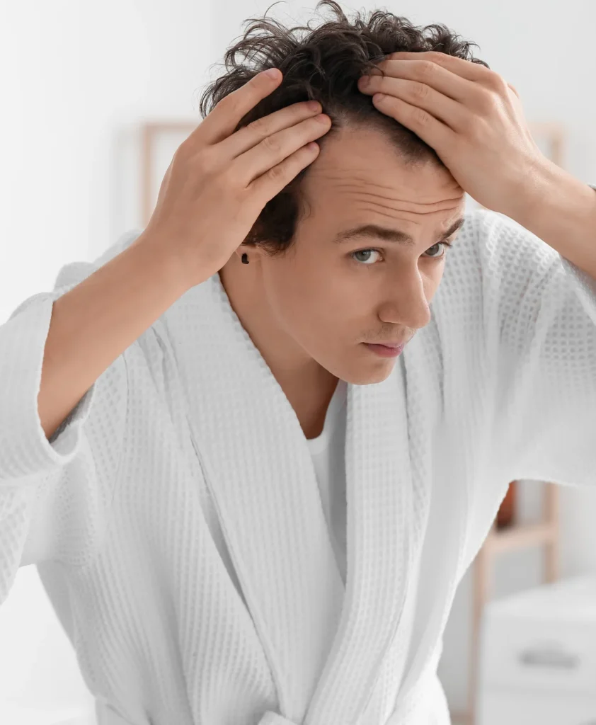 Man examining his hairline with both hands