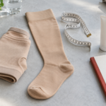 Illustrative compression garments, measuring tape, moisturiser and notebook for lymphoedema care