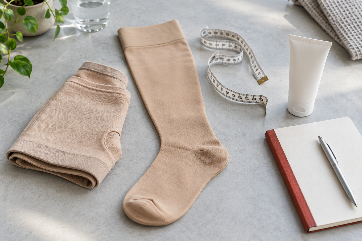 Illustrative compression garments, measuring tape, moisturiser and notebook for lymphoedema care