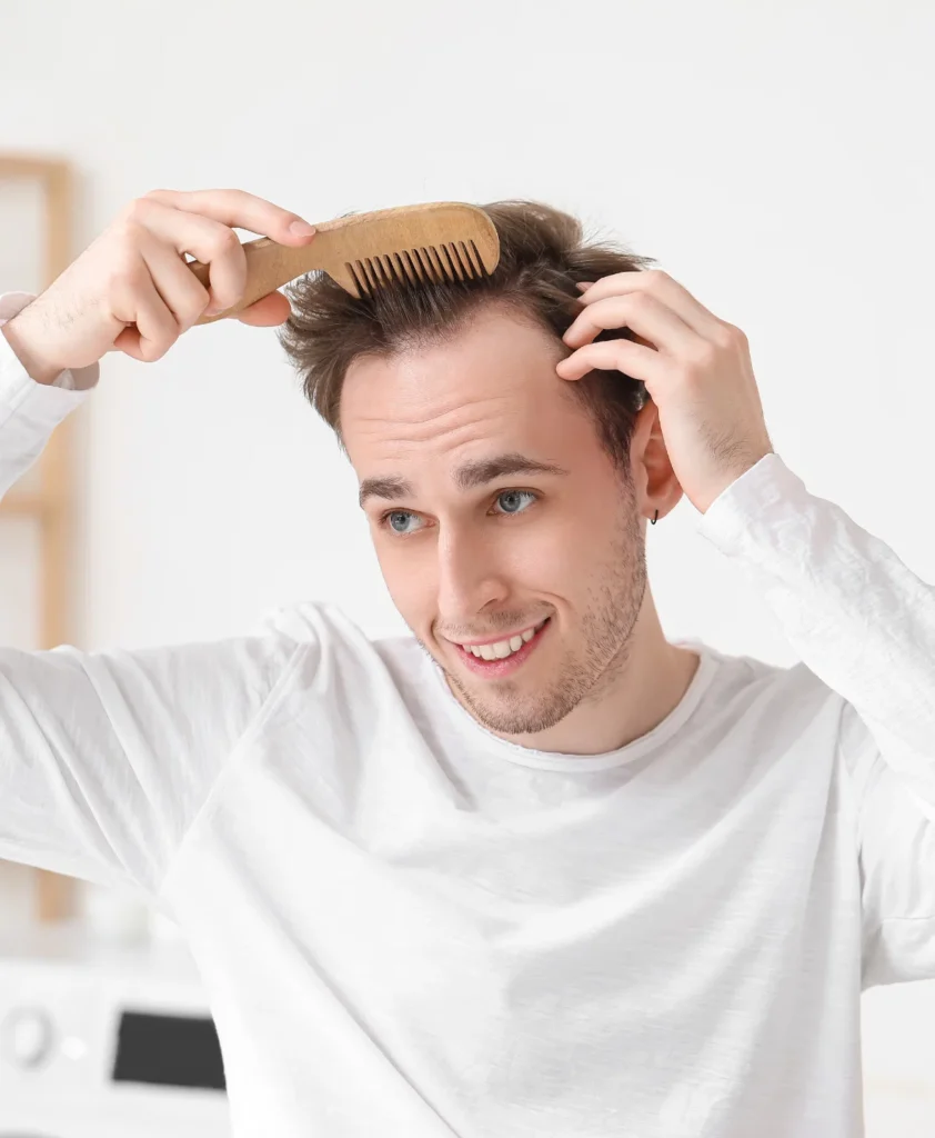 Man combing his hair with a wooden comb