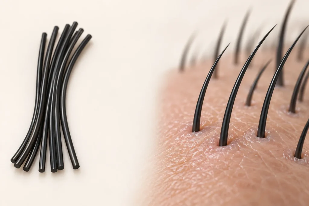 Conceptual illustration of artificial hair fibres beside a simplified scalp surface