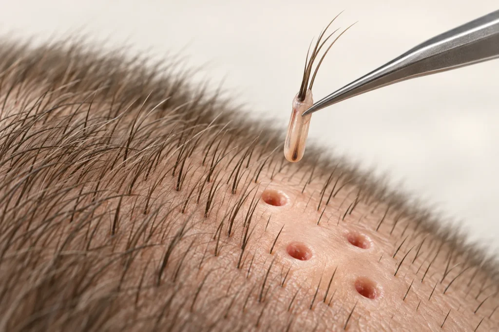 Educational illustration of an individual hair follicular graft held above the scalp