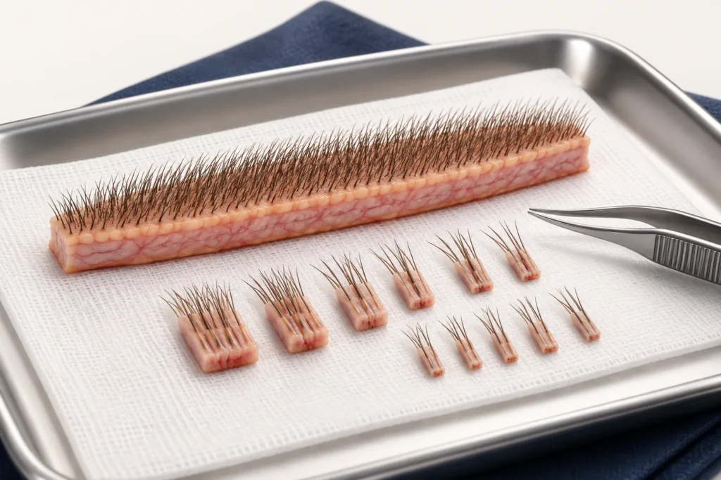 Educational illustration of a hair-bearing scalp strip and separated grafts